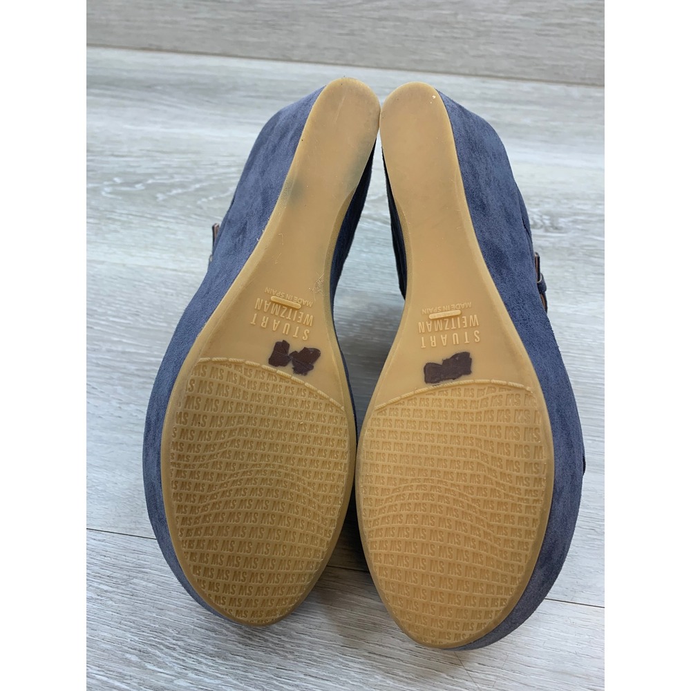 Stuart Weitzman Navy Blue Suede Platform Wedge Sandals Peep Toe Size 6 Spain - Picture 6 of 11